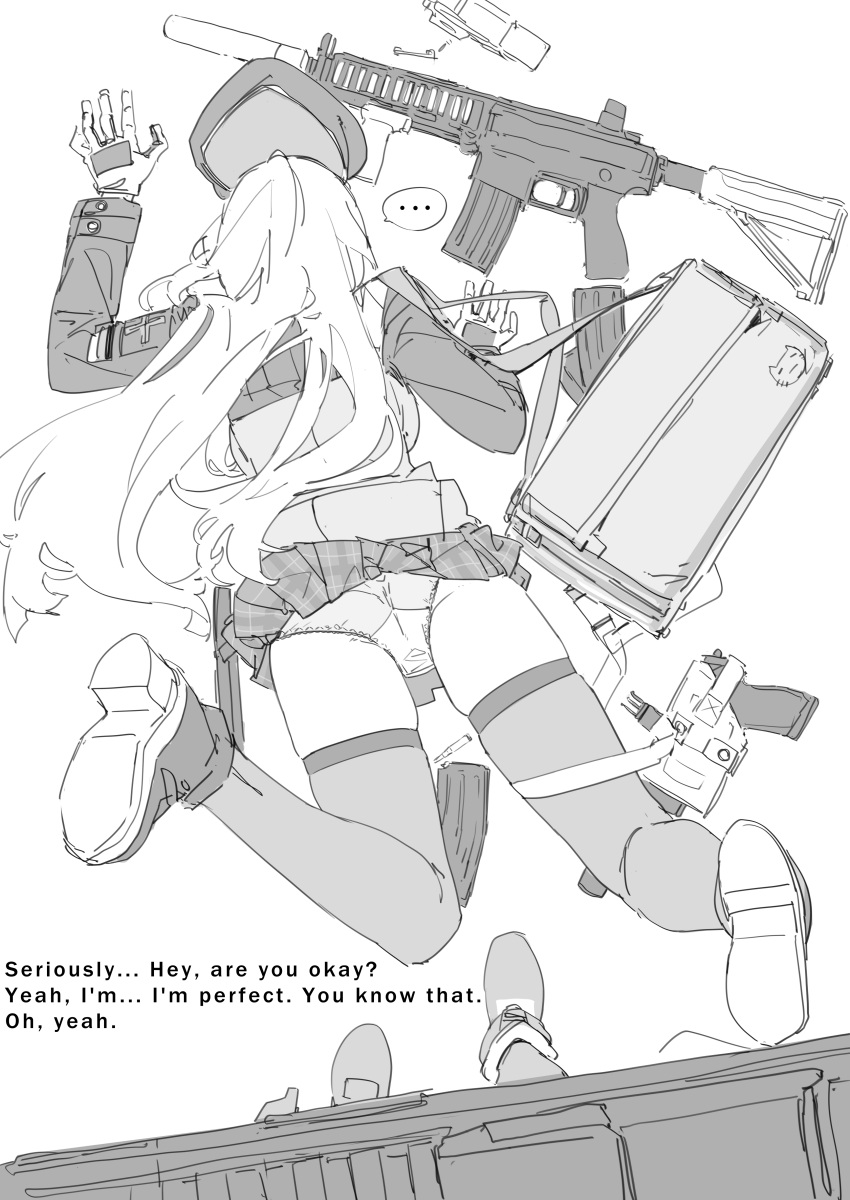 ... 2girls absurdres animal_print ankle_boots asimo_(hakurei10201) ass assault_rifle bag beret boots breasts bullet cat_print commentary_request english_text faceplant fallen_down feet_up female_pov from_above full_body g11_(girls'_frontline) girls'_frontline gloves greyscale gun h&amp;k_g11 h&amp;k_hk416 h&amp;k_usp handgun hat highres hk416_(girls'_frontline) holding holding_gun holding_weapon jacket long_hair long_sleeves lying magazine_(weapon) miniskirt monochrome multiple_girls on_stomach panties plaid plaid_skirt pov rifle shoe_soles simple_background skindentation skirt solo_focus spoken_ellipsis thighhighs underwear unworn_hat unworn_headwear very_long_hair weapon white_background