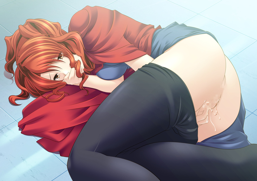 angel_howling ass censored covering_mouth highres long_hair lying masturbation on_side orange_hair pantyhose pantyhose_pull ponytail pussy_juice red_eyes red_hair solo takasugi_rinko