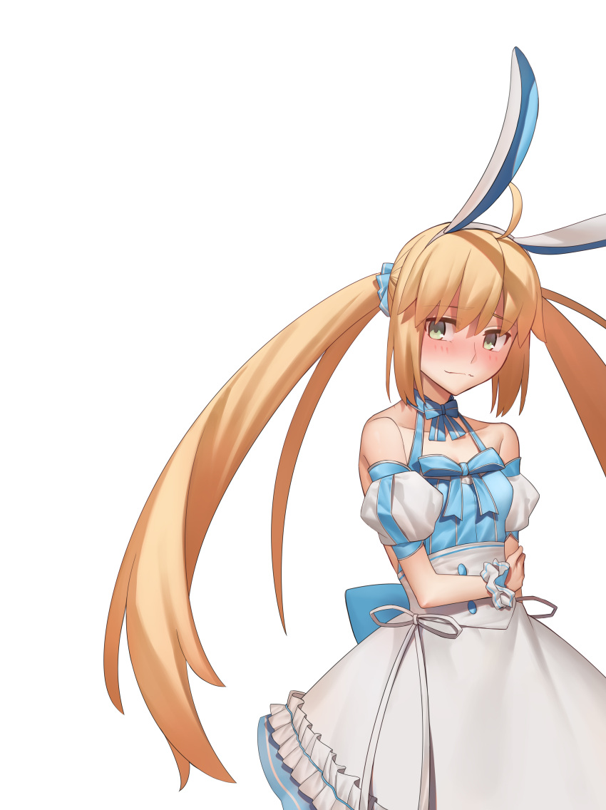 1girl absurdres ahoge animal_ear_hairband animal_ears argyle_clothes artoria_caster_(fate) artoria_caster_(swimsuit)_(fate) artoria_caster_(swimsuit)_(second_ascension)_(fate) artoria_pendragon_(fate) bare_shoulders blonde_hair blue_dress blush bow breasts dress dress_bow fake_animal_ears fate/grand_order fate_(series) green_eyes hairband highres long_hair looking_at_viewer puffy_short_sleeves puffy_sleeves rabbit_ears shiki_zzy short_sleeves simple_background smile solo striped_clothes striped_thighhighs thighhighs twintails type-moon vertical-striped_clothes white_background