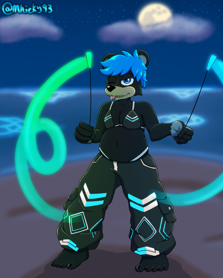 absurd_res anthro beach bear bikini black_bear bottomwear cargo_pants claws clothing glowstick glowsticking hi_res male mammal mhicky93 moobs one_eye_closed pants slightly_chubby slightly_chubby_male solo swimwear toe_claws tongue tongue_out ursine wink