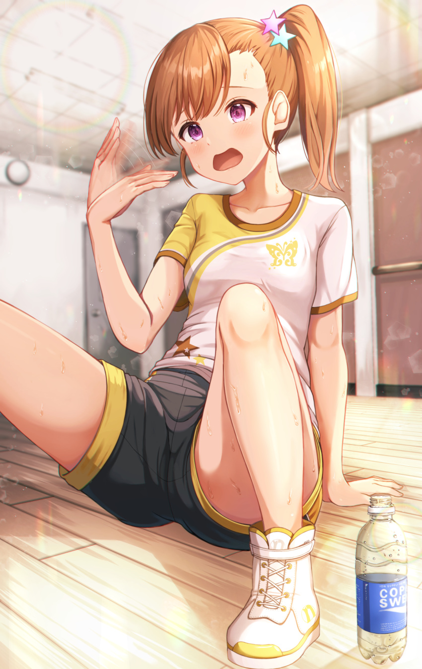 1girl absurdres animal_print arm_support black_shorts blurry blurry_background blush bottle brown_hair butterfly_print collarbone empty_bottle futami_mami hair_ornament highres idolmaster idolmaster_(classic) indoors kyuupura long_hair open_mouth print_shirt red_eyes shirt shoes short_shorts short_sleeves shorts side_ponytail sneakers solo star_(symbol) star_hair_ornament sweat water_bottle white_footwear white_shirt wooden_floor yellow_shirt