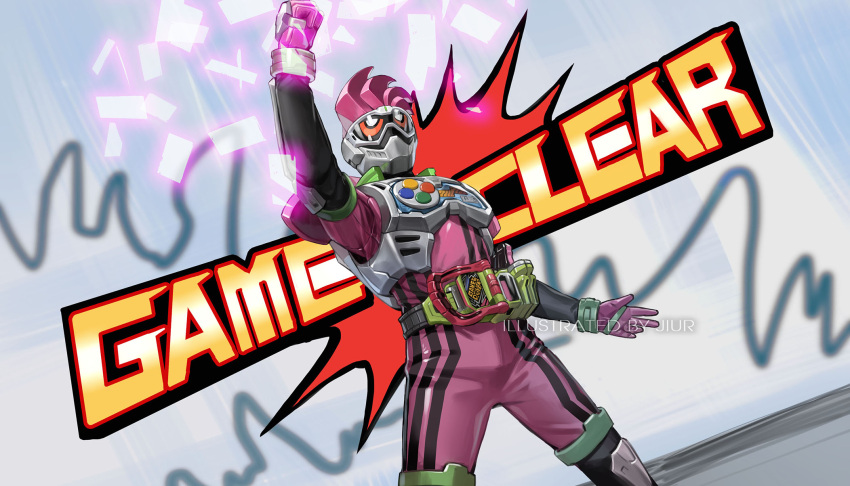 1boy arm_up chinese_commentary clenched_hands commentary_request controller driver_(kamen_rider) game_controller gamepad gamer_driver hand_up highres holster jiuri_jiuhao kamen_rider kamen_rider_ex-aid kamen_rider_ex-aid_(series) looking_at_viewer male_focus mighty_action_x_level_2 open_hand rider_belt rider_gashat signature simple_background solo tokusatsu white_background