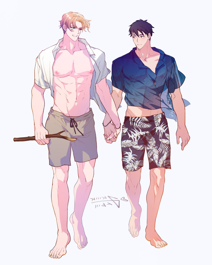 2boys absurdres alternate_costume ao_isami bara black_hair blonde_hair couple facial_hair full_body highres holding holding_hands holding_stick large_pectorals lewis_smith llld_(2ldk1241) male_focus midriff_peek multiple_boys muscular muscular_male nipples official_alternate_hairstyle pectorals see-through short_hair shorts sideburns_stubble smile stick stubble thick_eyebrows toned toned_male walking wind yaoi yuuki_bakuhatsu_bang_bravern