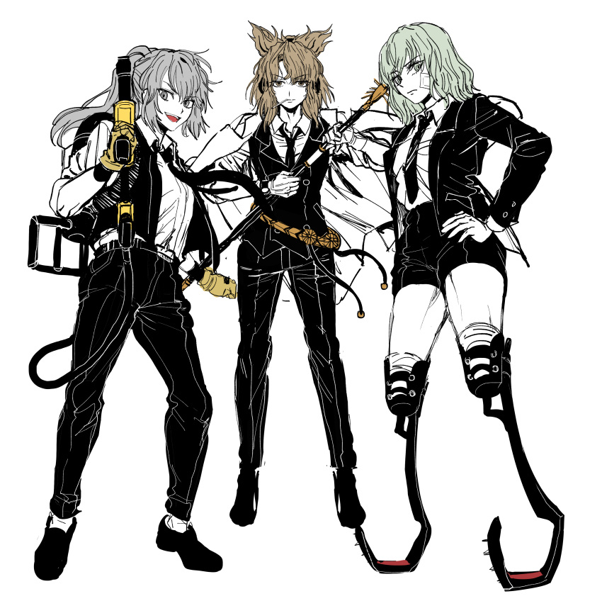 3girls absurdres alternate_costume amputee black_necktie black_pants brown_eyes brown_hair cigarette closed_mouth collared_shirt commentary_request earmuffs flamethrower formal full_body green_eyes green_hair grey_eyes grey_hair hand_on_own_hip highres kuya_(hey36253625) looking_at_viewer mononobe_no_futo multiple_girls necktie pants pointy_ears pointy_hair ponytail prosthesis prosthetic_leg shirt short_hair simple_background soga_no_tojiko touhou toyosatomimi_no_miko weapon white_background white_shirt