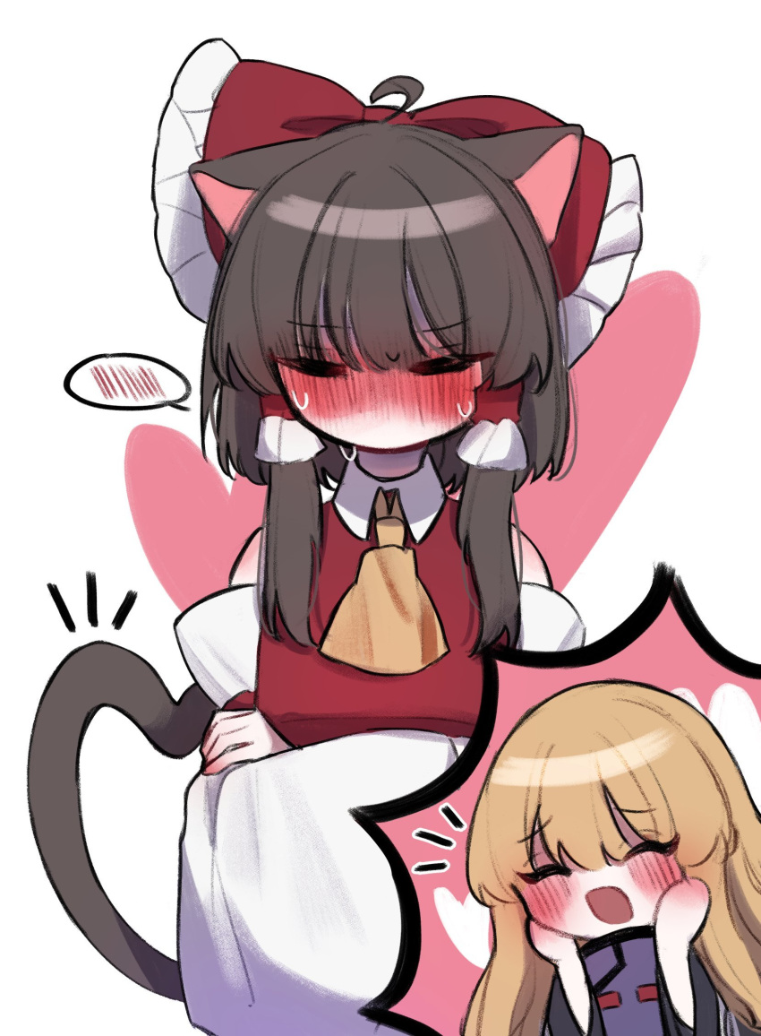 2girls ahoge animal_ears ascot bare_shoulders blonde_hair blush bow brown_hair cat_ears cat_girl cat_tail chibi chibi_inset closed_eyes commentary_request crossed_arms detached_sleeves facing_viewer frilled_bow frills hair_bow hakurei_reimu hands_on_own_cheeks hands_on_own_face heart heart_tail highres kemonomimi_mode korean_commentary long_hair long_sleeves multiple_girls open_mouth red_bow red_vest sidelocks spoken_blush sweat tail tohou89 touhou vest white_background white_sleeves wide_sleeves yakumo_yukari yellow_ascot