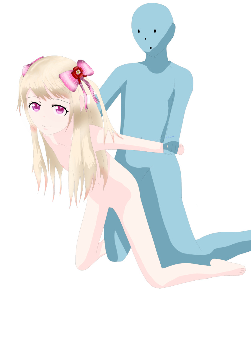 1boy 1girl arm_grab blonde_hair blue_skin chaos_marie_(grimms_notes) collarbone colored_skin gradient_hair grimms_notes hair_ribbon heart heart-shaped_pupils hetero highres kneeling long_hair multicolored_hair nipples nude pink_eyes r18terminal ribbon sex simple_background symbol-shaped_pupils white_background