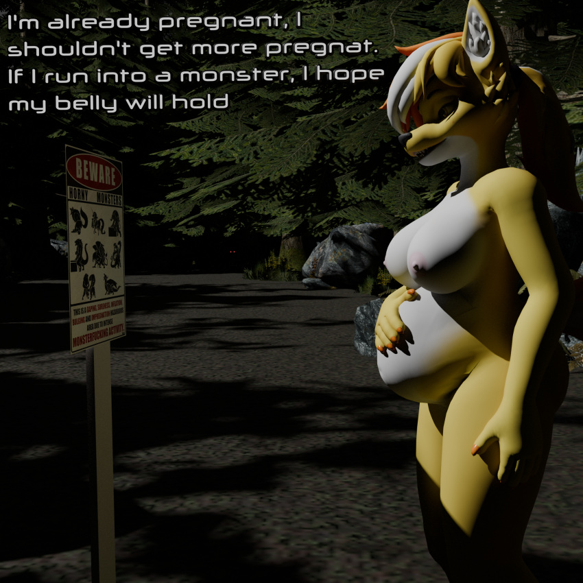 3d_(artwork) anthro background_eyes blender_cycles breasts canid canine canis danger danger_sign digital_media_(artwork) female forest glowing glowing_eyes hand_on_belly haolde hi_res imminent_rape mammal nipples nude plant pregnant red_eyes sign solo tree wolf