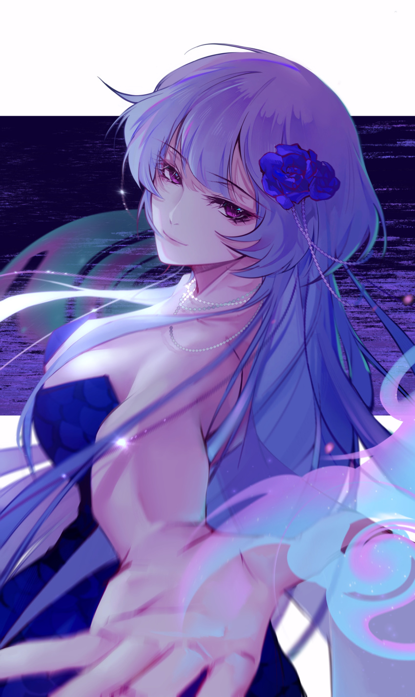 1girl absurdres alternate_costume bare_arms bare_shoulders blue_dress blue_flower blue_hair breasts chinese_commentary collarbone commentary commission dress flower from_behind hair_flower hair_ornament hamel_(path_to_nowhere) highres jewelry large_breasts long_hair looking_at_viewer looking_back multiple_necklaces necklace path_to_nowhere pearl_hair_ornament pearl_necklace pink_eyes reaching reaching_towards_viewer siyuanzi smile solo strapless strapless_dress turning_head upper_body