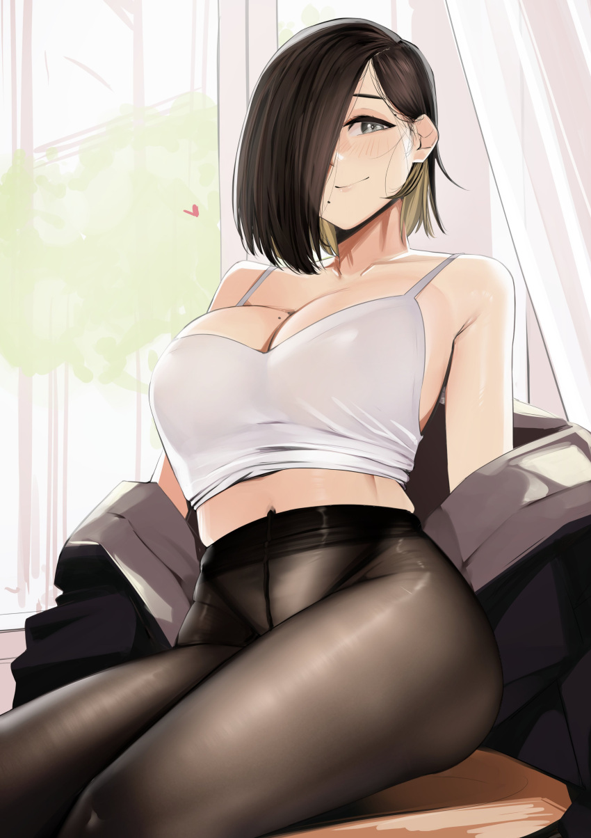 1girl absurdres black_hair black_jacket black_pantyhose breasts cleavage collarbone cropped_legs grey_eyes hair_over_one_eye highres jacket jacket_partially_removed kamura_(rain_prophet) large_breasts looking_at_viewer medium_hair midriff mole mole_above_eye mole_on_breast mole_under_mouth multicolored_hair navel original pantyhose pupi_(rain_prophet) sitting solo tank_top thighs two-tone_hair white_tank_top