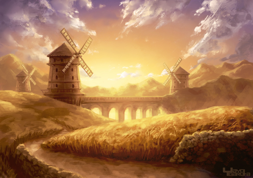 artist_name bridge building cloud cloudy_sky fantasy garutaisa gradient_sky grass highres landscape mountain mountainous_horizon no_humans original scenery sky stream sunset water windmill