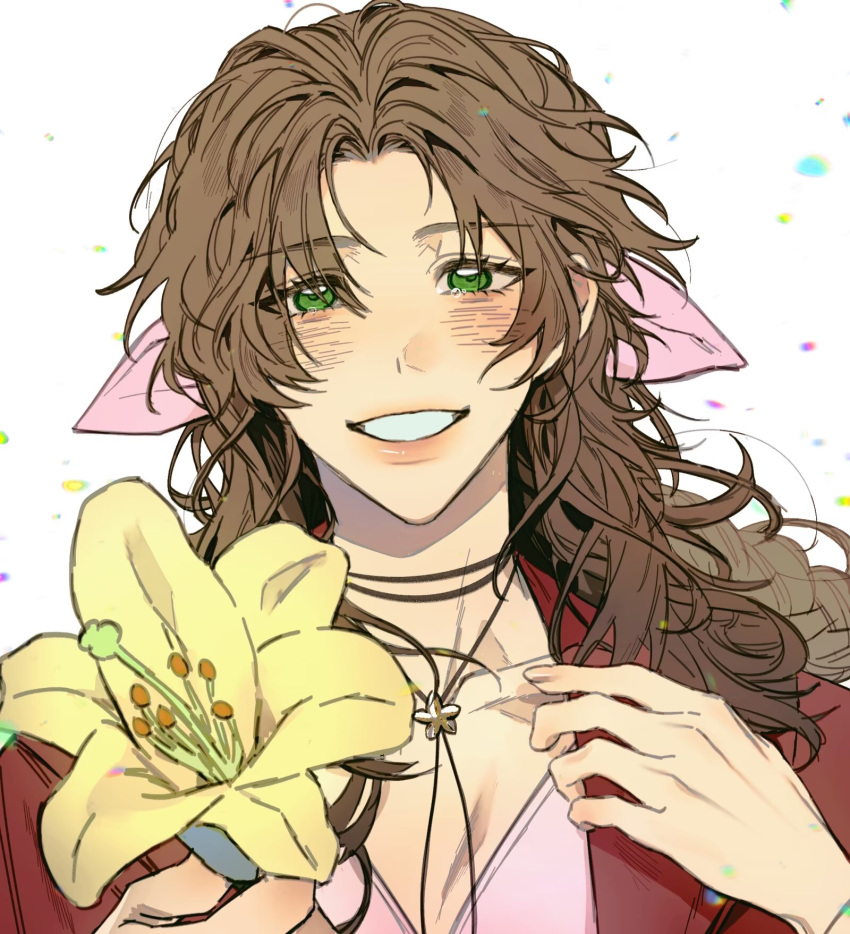 1girl aerith_gainsborough blush braid braided_ponytail breasts choker cleavage collarbone dress final_fantasy final_fantasy_vii final_fantasy_vii_rebirth final_fantasy_vii_remake flower flower_choker green_eyes hair_ribbon hand_on_own_chest highres holding holding_flower jacket lily_(flower) long_hair looking_at_viewer medium_breasts moyanwxy parted_bangs parted_lips pink_dress pink_ribbon red_jacket ribbon sidelocks single_braid smile solo teeth upper_body wavy_hair white_background yellow_flower