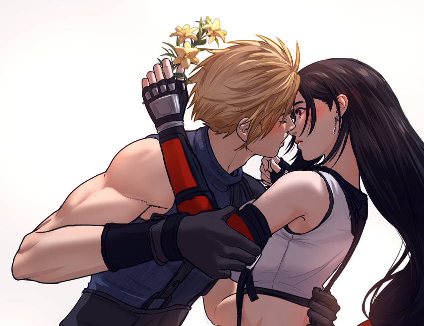1boy 1girl armor bare_shoulders black_gloves black_hair black_sports_bra blonde_hair blue_sweater blush closed_mouth cloud_strife commentary couple crop_top earrings english_commentary facing_another final_fantasy final_fantasy_vii final_fantasy_vii_rebirth final_fantasy_vii_remake fingerless_gloves flower from_side gloves hand_on_another's_back highres holding holding_another's_arm holding_flower imminent_kiss jewelry long_hair looking_at_viewer muscular muscular_male nosleeparewe profile red_eyes short_hair shoulder_armor single_bare_shoulder single_earring sleeveless sleeveless_turtleneck spiked_hair sports_bra suspenders sweater tank_top tifa_lockhart turtleneck turtleneck_sweater upper_body white_background white_tank_top yellow_flower