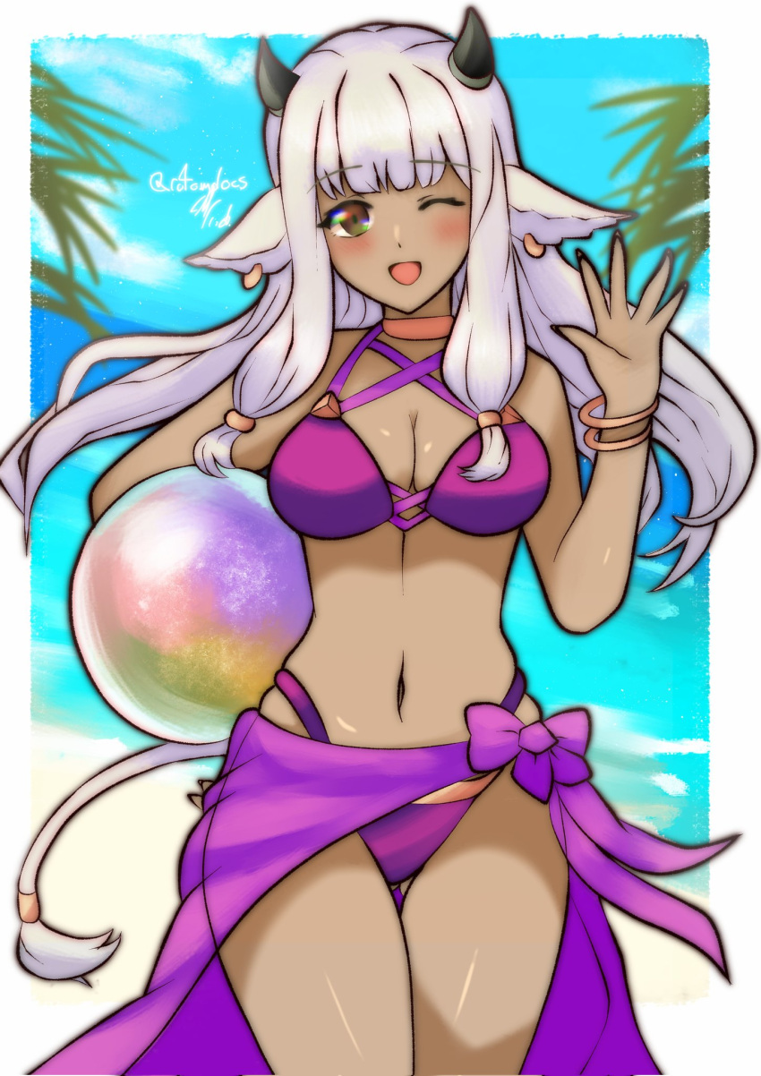 1girl alternate_costume animal_ears ash_(fire_emblem) ass_visible_through_thighs ball bare_shoulders beachball bikini black_horns cow_ears cow_girl cow_horns cow_tail dark-skinned_female dark_skin fire_emblem fire_emblem_heroes highres horns orb purple_bikini rotomdocs solo swimsuit tail