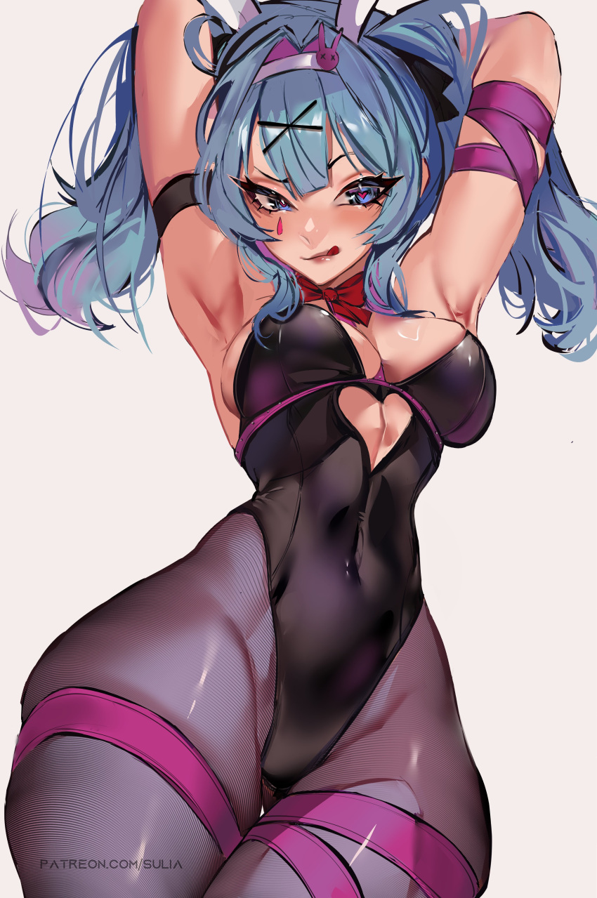 1girl absurdres animal_ears armpits arms_behind_head black_leotard blue_eyes blue_hair clothing_cutout cutout_above_navel fake_animal_ears hair_intakes hair_ornament hatsune_miku heart heart-shaped_pupils heart_cutout highres impossible_clothes impossible_leotard leotard looking_at_viewer neck_ribbon playboy_bunny rabbit_ears rabbit_hole_(vocaloid) red_ribbon ribbon solo suliavtuber symbol-shaped_pupils teardrop_facial_mark thigh_strap tongue tongue_out twintails vocaloid x_hair_ornament