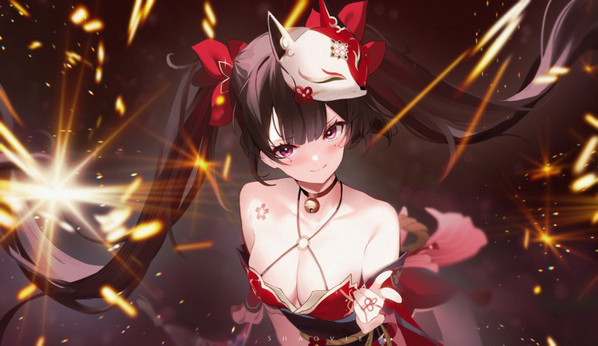 1girl arm_at_side artist_name bare_shoulders bell black_choker blunt_bangs blurry blush breasts brown_background brown_hair center-flap_bangs choker cleavage closed_mouth collarbone commentary criss-cross_halter depth_of_field english_commentary eyelashes fox_mask hair_ribbon halterneck hand_up honkai:_star_rail honkai_(series) index_finger_raised jingle_bell long_hair looking_at_viewer mask mask_on_head medium_breasts neck_bell pointing pointing_at_viewer red_eyes red_ribbon ribbon shaoviie simple_background smile solo sparkle sparkle_(honkai:_star_rail) sparks split_mouth straight_hair tsurime twintails upper_body upturned_eyes very_long_hair