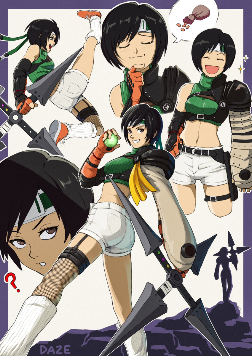 1girl ? absurdres asymmetrical_legwear black_eyes black_hair brown_eyes closed_mouth commentary cropped_sweater english_commentary final_fantasy final_fantasy_vii final_fantasy_vii_rebirth final_fantasy_vii_remake fingerless_gloves gloves green_sweater headband highres holding holding_shuriken holding_weapon looking_at_viewer materia midriff multiple_views navel parted_lips short_hair shorts shuriken single_bare_shoulder single_fishnet_legwear single_shoulder_pad sleeveless sleeveless_turtleneck smile socks sparkle speech_bubble sweater turtleneck turtleneck_sweater weapon white_socks xdaze yuffie_kisaragi
