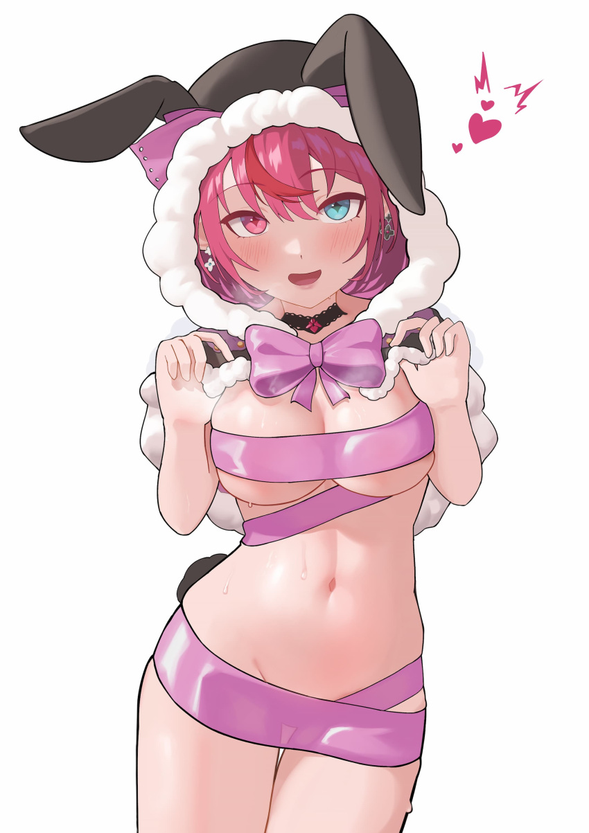 1girl absurdres animal_ears bdsm blush bondage bound bow breasts cape choker covered_nipples covered_pussy earrings fake_animal_ears gift_wrapping heart heterochromia highres hololive hololive_english hood hoodie irys_(hololive) jewelry large_breasts looking_at_viewer navel open_mouth pink_bow rabbit_ears red_hair shift_(shiftillust) simple_background skindentation solo steam steaming_body stomach sweat virtual_youtuber white_background wrapped_up