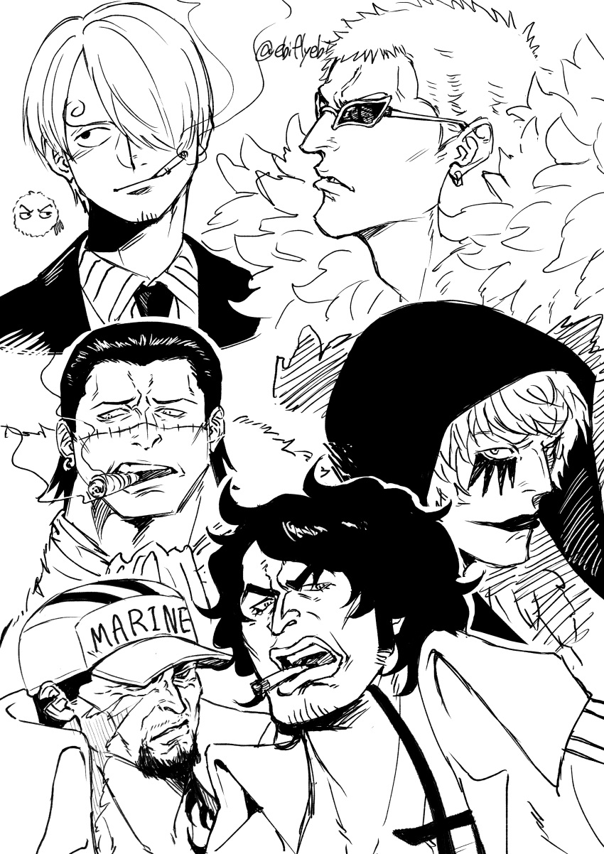 6+boys absurdres aramaki_(ryokugyu) ascot beard black_hair black_necktie black_suit blonde_hair brothers cigar cigarette clothes_writing coat crocodile_(one_piece) cropped_shoulders curly_hair donquixote_doflamingo donquixote_rocinante earrings ebiflyebi facial_hair feather_coat fur_coat hair_slicked_back highres jewelry looking_at_viewer looking_to_the_side makeup male_focus monochrome multiple_boys necktie one_piece open_mouth parted_lips portrait roronoa_zoro sakazuki_(akainu) sanji_(one_piece) scar scar_on_face short_hair siblings smoking suit sunglasses twitter_username white_background