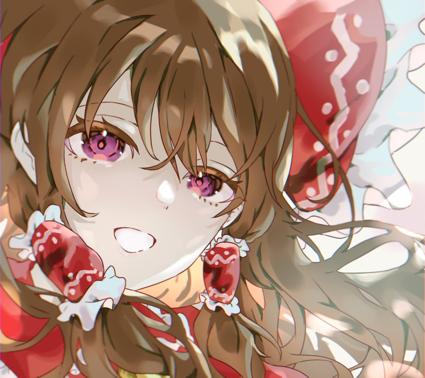 1girl ascot bow brown_hair dax5f98duyq6wn4 frilled_ascot frilled_bow frills hair_between_eyes hair_bow hair_tubes hakurei_reimu highres long_hair necktie purple_eyes red_bow smile solo touhou yellow_necktie