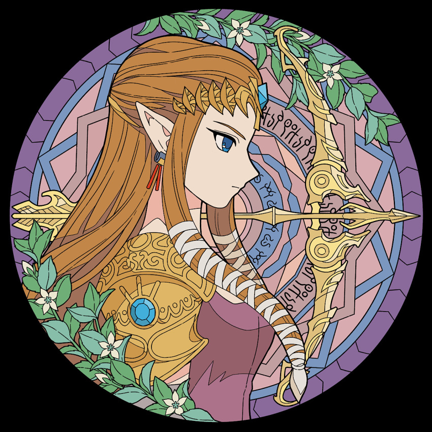 arrow_(weapon) blue_eyes bow_(weapon) clothing ear_piercing ear_ring elf female flower hair hi_res humanoid humanoid_pointy_ears hylian leaf light_body light_skin long_hair nintendo not_furry piercing plant princess_zelda ranged_weapon ring_piercing rutiwa solo the_legend_of_zelda weapon