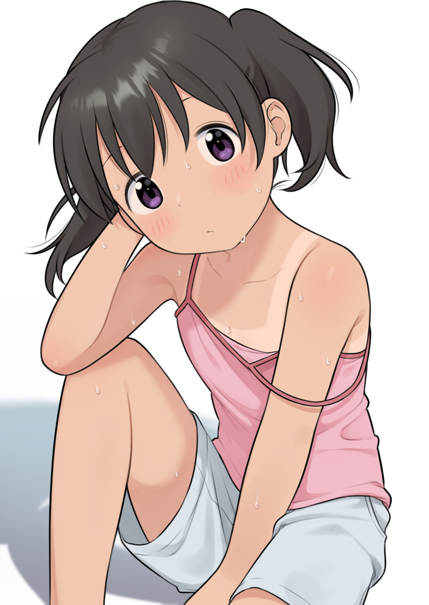 1girl :/ absurdres bare_shoulders black_hair blush camisole closed_mouth commentary head_tilt highres knee_up kuraue_hinata looking_at_viewer meis_(terameisu) paid_reward_available pink_camisole purple_eyes shadow short_hair short_shorts shorts simple_background sitting solo strap_slip sweat tan tanlines tareme very_sweaty white_background white_shorts yama_no_susume