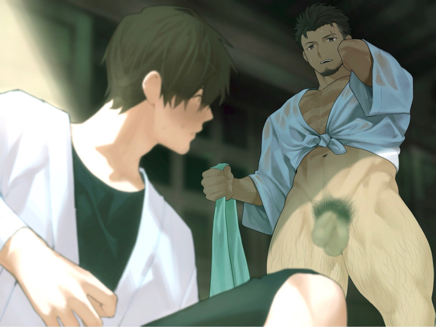 2boys bara black_hair blank_censor blur_censor bottomless censored facial_hair feet_out_of_frame flaccid from_below goburin_second happi harumi_(goburin_second) highres holding holding_towel japanese_clothes kimono large_pectorals looking_at_another male_focus male_pubic_hair multiple_boys muscular muscular_male naked_kimono navel original partially_undressed pectorals pubic_hair see-through shadow short_hair standing sunlight thick_thighs thighs thighs_together towel wet wet_clothes wet_kimono wide_sleeves yaoi