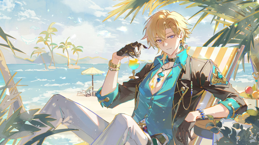 1boy aqua_shirt aventurine_(honkai:_star_rail) beach beach_chair beach_umbrella black_choker black_gloves blonde_hair blue_sky bracelet choker closed_mouth collared_shirt drink earrings glass gloves hair_between_eyes highres holding honkai:_star_rail honkai_(series) jewelry loladestiny looking_at_viewer male_focus multicolored_eyes ocean palm_tree shirt short_hair sitting sky solo tree two-tone_eyes umbrella