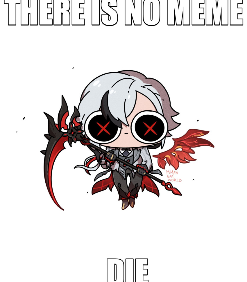 1girl arlecchino_(genshin_impact) black_eyes black_gloves black_necktie black_pants cartoonized chibi expressionless genshin_impact gloves grey_hair grey_jacket grey_vest highres holding holding_scythe image_macro_(meme) impact_(font) jacket looking_at_viewer meme miyan_(oceanmaiden) multicolored_hair necktie pants scythe simple_background solo straight-on streaked_hair toon_(style) vest white_background wings x_x