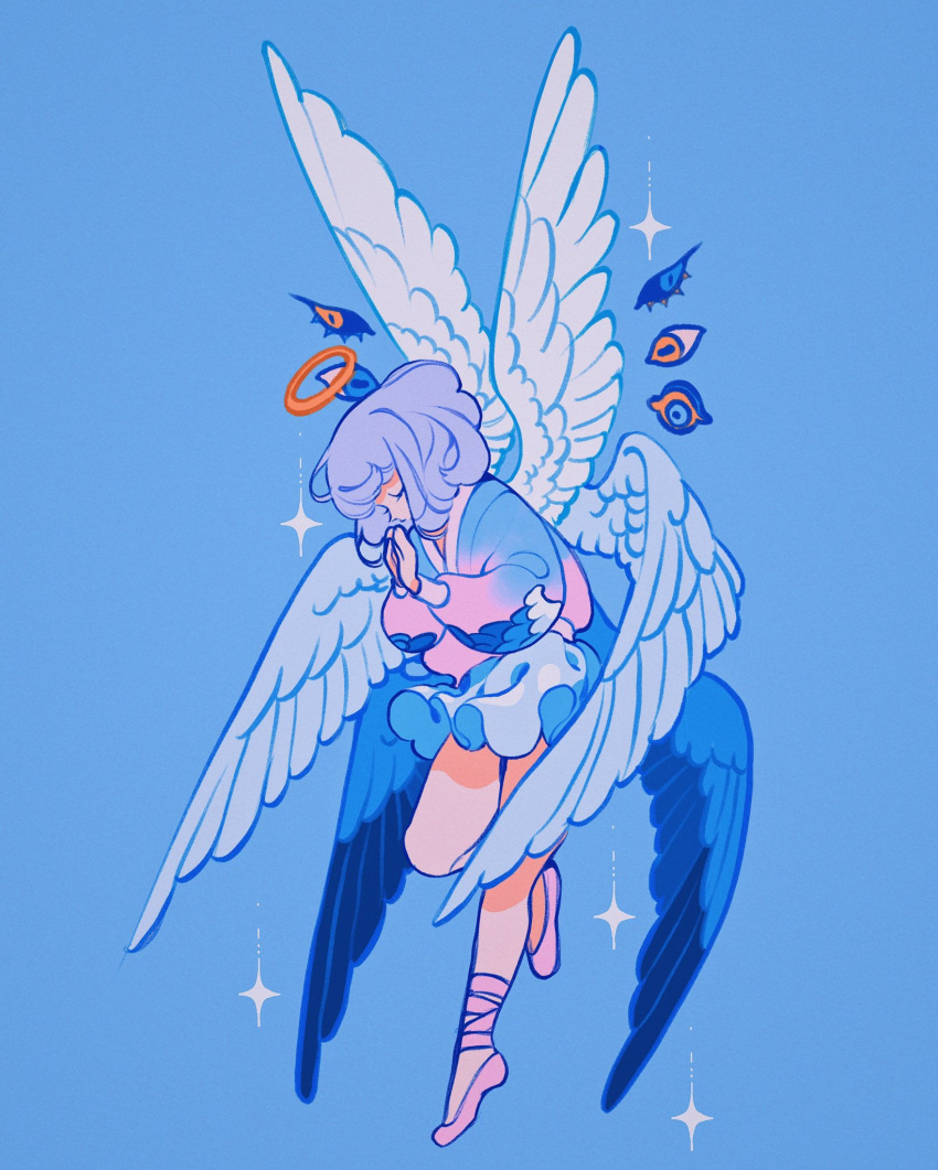 1girl angel angel_wings blue_background blue_eyes blue_hair blue_skirt blue_sweater blue_wings closed_eyes disembodied_eye halo highres light_blue_hair meyoco original pink_footwear pink_sweater praying simple_background skirt sparkle sweater white_wings wings yellow_halo