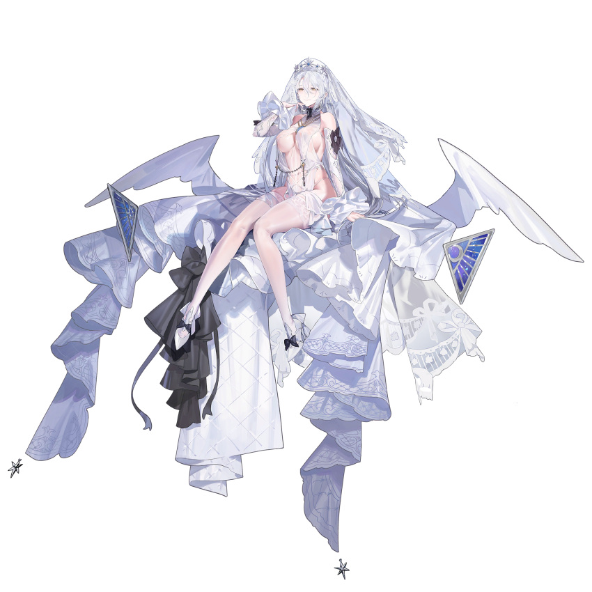 1girl arm_up bare_shoulders blush breast_curtains breasts bridal_veil detached_sleeves dress eos_(neural_cloud) full_body girls'_frontline girls'_frontline_neural_cloud hair_between_eyes high_heels highres long_hair official_alternate_costume official_art revealing_clothes see-through sitting smile solo thigh_strap thighhighs third-party_source tiara transparent_background underboob veil wedding_dress white_hair white_thighhighs yellow_eyes