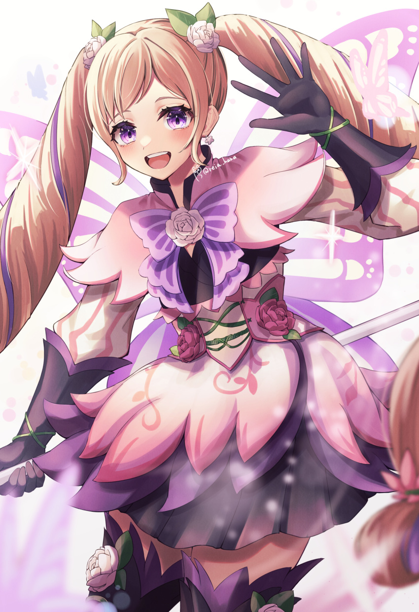 1girl :d absurdres arm_up black_gloves blonde_hair boots bow bug butterfly cowboy_shot dress drill_hair earrings elise_(fire_emblem) elise_(resplendent)_(fire_emblem) fairy_wings fire_emblem fire_emblem_fates fire_emblem_heroes flower flower_earrings gloves hair_flower hair_ornament highres holding holding_staff jewelry layered_skirt leaf_hair_ornament long_hair looking_at_viewer multicolored_hair official_alternate_costume open_mouth pink_dress plant pleated_skirt purple_bow purple_eyes purple_flower purple_hair reia_hana short_dress signature simple_background skirt smile solo staff teeth thigh_boots twin_drills twintails twitter_username two-tone_hair upper_teeth_only vines waving white_background white_flower wings