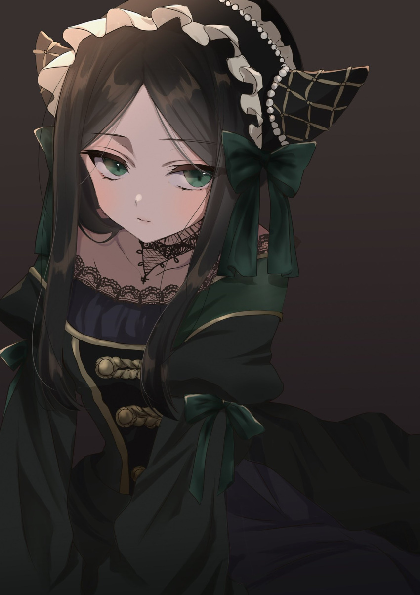 1girl black_hair black_hairband brown_background closed_mouth collarbone cone_hair_bun dress expressionless frilled_hairband frills gothic_lolita gradient_background green_dress green_eyes green_ribbon hair_bun hairband highres kuroshitsuji lace_trim lolita_fashion lolita_hairband long_hair long_sleeves looking_to_the_side puffy_long_sleeves puffy_sleeves ribbon sidelocks sieglinde_sullivan solo swept_bangs tomoshibi_(rokugatsu) upper_body