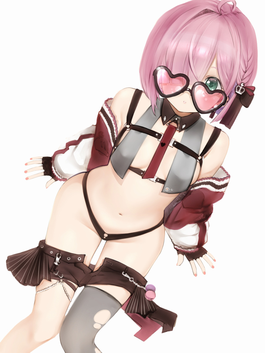 1girl absurdres ahoge braid breasts character_print chest_harness clothes_lift crown_hair_ornament fingerless_gloves fingernails food gloves green_eyes hair_over_one_eye hair_ribbon harness heart heart-shaped_eyewear highres himemori_luna himemori_luna_(streetwear) hololive jacket lips long_sleeves looking_at_viewer looking_over_eyewear luknight_(himemori_luna) macaron medium_hair miniskirt nanashi_(nlo) navel necktie open_fly panties pink_hair ribbon simple_background single_thighhigh sitting skirt skirt_lift sleeves_past_wrists solo stomach sunglasses thighhighs thighs tinted_eyewear torn_clothes torn_thighhighs underwear virtual_youtuber