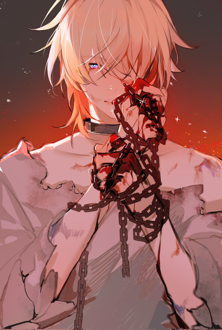 1boy aventurine_(honkai:_star_rail) blonde_hair blood blood_on_face blood_on_hands chain hair_over_one_eye highres honkai:_star_rail honkai_(series) injury looking_at_viewer male_focus messy_hair multicolored_eyes shirt short_hair solo torn_clothes torn_shirt two-tone_eyes xiayabaier