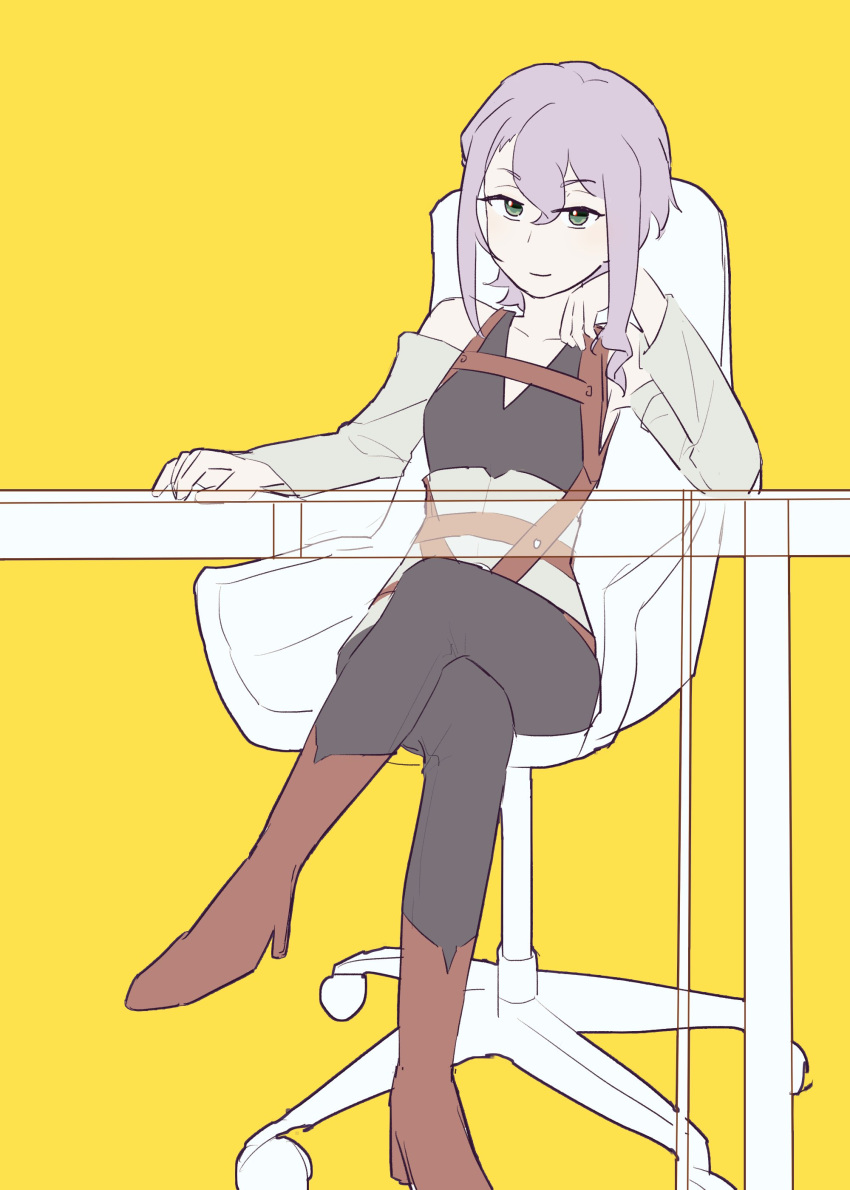 1girl absurdres bare_shoulders boots brown_footwear chair collarbone croix_meridies crossed_legs detached_sleeves green_eyes high_heel_boots high_heels highres little_witch_academia looking_afar nh3h2o on_chair purple_hair short_hair sidelocks sitting solo table