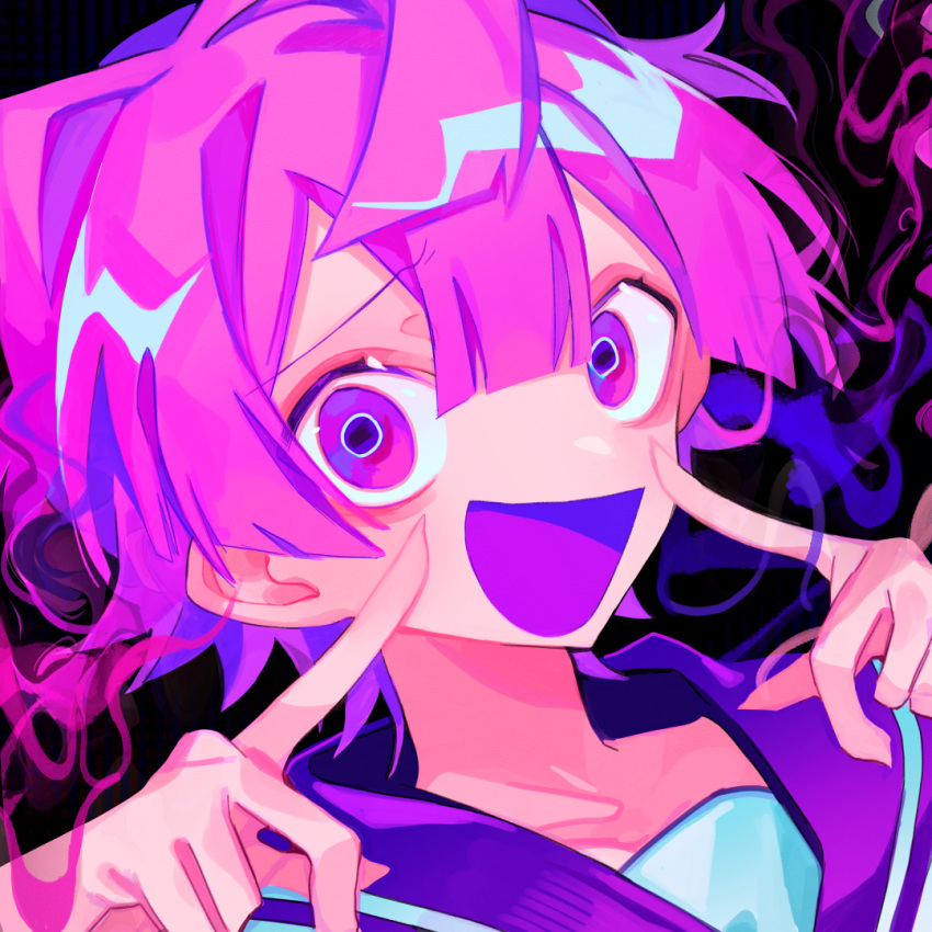 1boy :d album_cover black_background blunt_bangs blunt_ends borrowed_character carl_(guchiry) commentary_request cover hair_between_eyes himanemuitoma index_finger_raised looking_at_viewer official_art open_mouth original partial_commentary pink_hair pointing pointing_at_self portrait purple_eyes purple_sailor_collar sailor_collar schadenfreude_(vocaloid) shirt short_hair simple_background smile solo vocaloid white_shirt