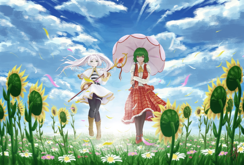 2girls ascot belt black_belt black_pantyhose black_shirt blue_sky breasts capelet closed_mouth cloud collared_shirt commentary_request crossover daisy elf field flower flower_field frieren frilled_skirt frills full_body gold_trim green_eyes green_hair holding holding_staff holding_umbrella kazami_yuuka long_hair long_sleeves looking_at_viewer mage_staff mary_janes medium_bangs medium_breasts multiple_girls open_clothes open_vest pantyhose parasol pink_umbrella plaid plaid_skirt plaid_vest pointy_ears red_eyes red_footwear red_skirt red_vest shirt shoes short_hair skirt skirt_set sky smile sousou_no_frieren staff striped_clothes striped_shirt sunflower touhou twintails umbrella vest white_capelet white_flower white_hair white_shirt white_skirt wizy_(wizy999) yellow_ascot yellow_flower