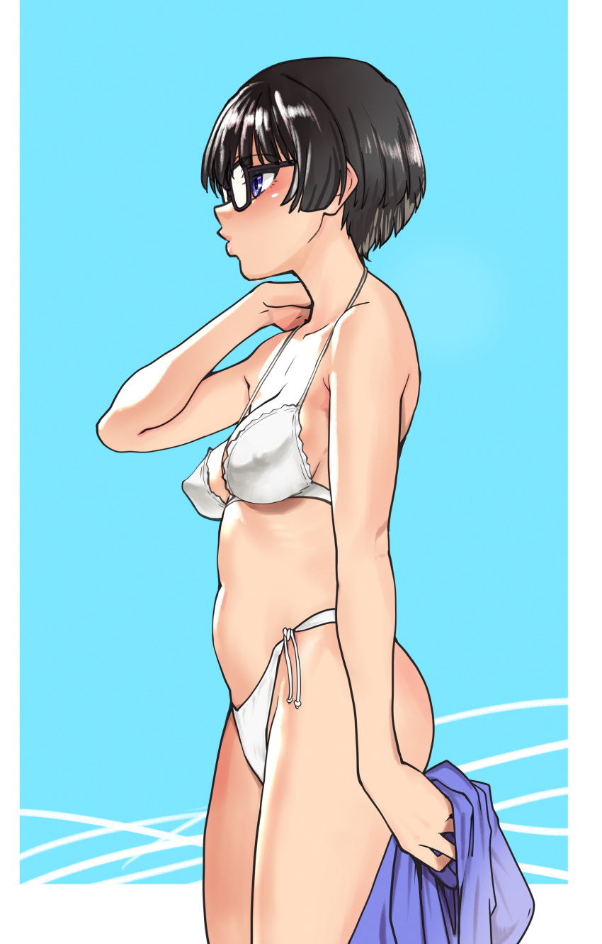 1girl absurdres bikini black_hair blue_eyes blush breasts commentary_request from_side glasses highres looking_to_the_side medium_breasts navel original paid_reward_available profile puckered_lips shiwasu_no_okina short_hair solo swimsuit white_bikini