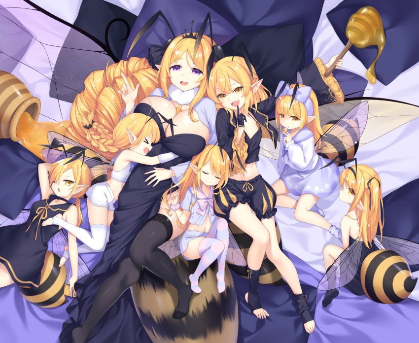 &gt;_&lt; 6+girls :d abdomen_tail antennae arm_behind_head arm_up arthropod_girl bare_shoulders bed_sheet bee_girl bee_wings black_dress black_gloves black_shirt black_shorts black_sleeves black_socks blonde_hair blue_shirt blue_skirt bow breasts brown_eyes closed_eyes closed_mouth commentary_request detached_sleeves dress drill_hair fangs flat_chest frilled_sleeves frills gloves honey honeypot huge_breasts long_hair long_sleeves medium_breasts multiple_girls navel no_shoes original pillow pointy_ears poppy_(poppykakaka) puffy_long_sleeves puffy_shorts puffy_sleeves purple_bow purple_eyes purple_scrunchie saliva scrunchie shirt short_shorts short_sleeves shorts skirt sleeveless sleeveless_dress sleeves_past_wrists smile socks soles stinger stirrup_legwear strapless strapless_dress toeless_legwear transparent_wings very_long_hair white_gloves white_shirt wide_sleeves wrist_scrunchie