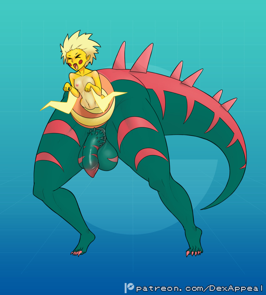 balls big_balls big_butt big_penis blonde_hair breasts butt dex_appeal dinosaur dracozolt dragon eyes_closed flaccid fossil_pokemon generation_8_pokemon genitals green_body gynomorph hair hi_res huge_balls huge_butt huge_penis humanoid intersex mythological_creature mythological_scalie mythology narrowed_eyes navel nintendo nipples nude open_mouth penis pokemon pokemon_(species) pokemorph reptile scalie simple_background small_breasts smile solo spiked_penis spikes spikes_(anatomy) spines split_form squint tail thick_thighs wide_hips yellow_body