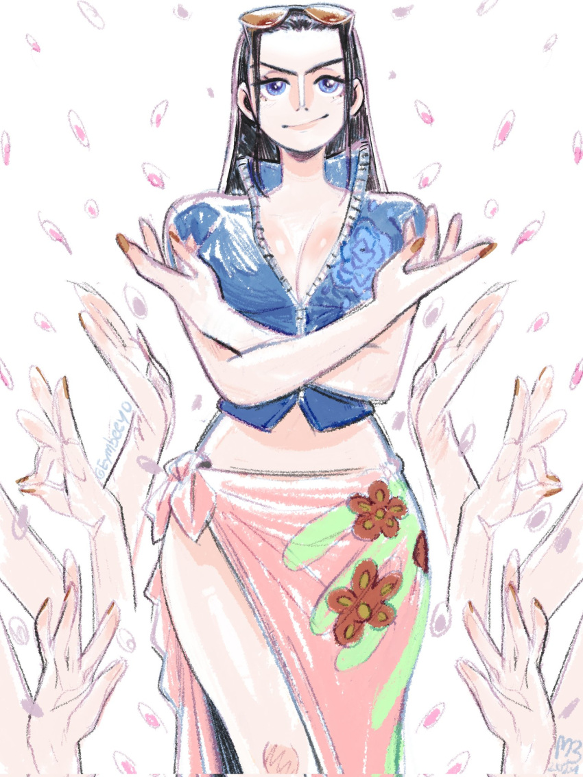 1girl 2021 black_hair blue_eyes blue_jacket commentary cowboy_shot cropped_jacket crossed_arms extra_arms eymbee facing_viewer highres jacket looking_up nico_robin one_piece petals pink_sarong sarong sidelocks smile solo twitter_username zipper