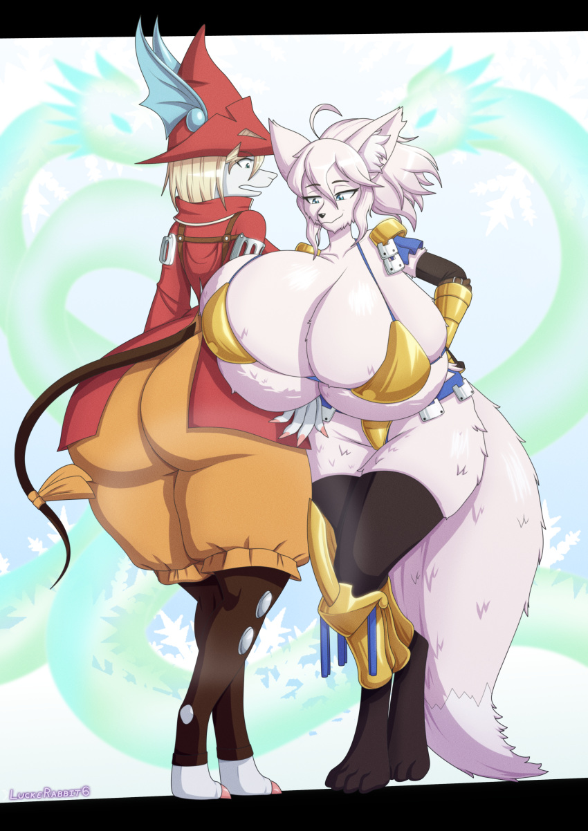 absurd_res accessory anthro armor big_breasts big_butt bikini bikini_armor bikini_top blonde_hair blue_eyes bottomwear bow_ribbon breasts brown_bottomwear brown_clothing brown_legwear burmecian butt canid canine claws clothed clothing comparing digitigrade dinah_(unicorn_overlord) duo female female/female final_fantasy final_fantasy_ix finger_claws fluffy fluffy_tail fox freya_crescent fully_clothed fur furgonomics gauntlets gloves green_eyes hair handwear hat headgear headwear hi_res huge_breasts hyper hyper_breasts inner_ear_fluff leg_tuft legwear light_body light_fur luckerabbit6 mammal murid murine partially_clothed pauldron pointy_hat rat rat_tail red_clothing red_headwear ribbons rodent shorts skimpy skimpy_bikini square_enix standing stockings swimwear tail tail_accessory tail_ribbon tall toe_claws topwear tuft unconvincing_armor unicorn_overlord vanillaware white_body white_fur white_hair wide_hips