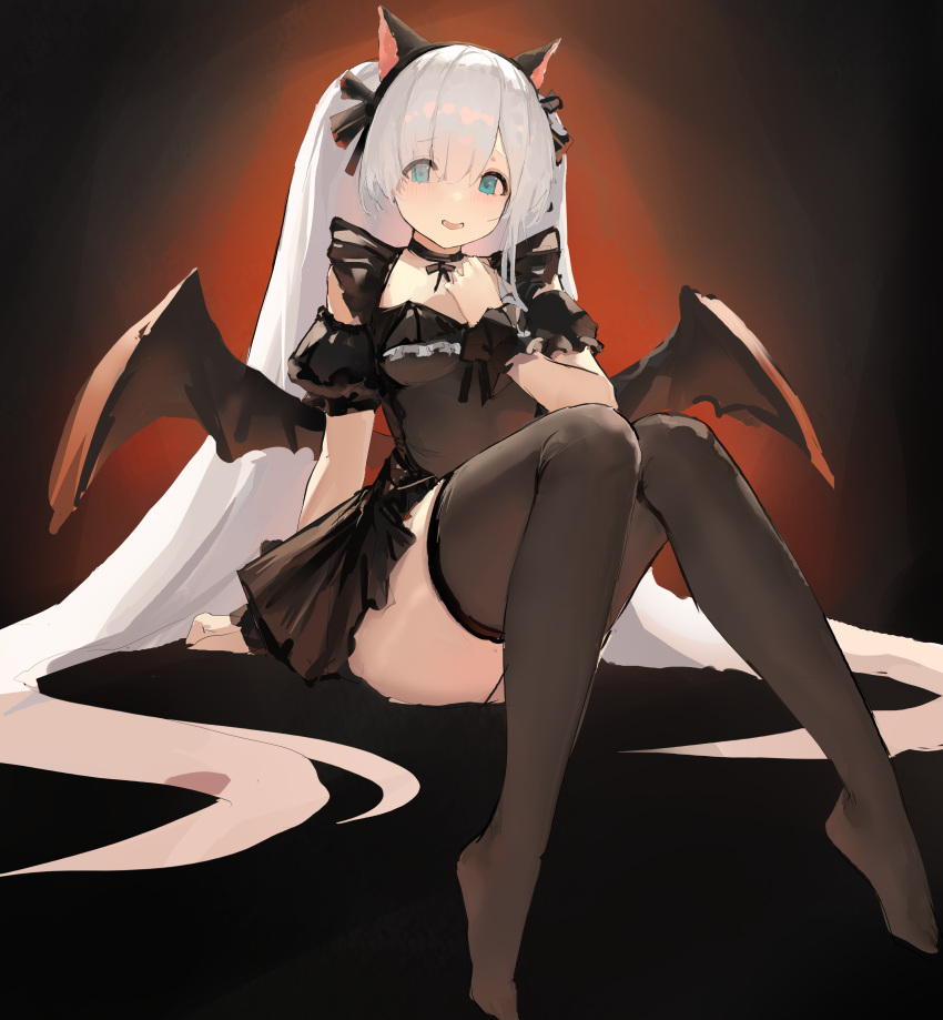 1girl absurdres animal_ears aqua_eyes arm_support azur_lane black_dress black_hairband black_ribbon black_thighhighs breasts cat_ears choker demon_wings detached_sleeves dress fake_animal_ears fake_wings fine_fabric_emphasis grey_hair hair_ribbon hairband halloween_costume head_tilt highres janus_(azur_lane) janus_(fright-night_scaredy-cat)_(azur_lane) knees_together_feet_apart knees_up light_blush long_hair looking_at_viewer lump_saury no_shoes official_alternate_costume open_mouth puffy_short_sleeves puffy_sleeves ribbon ribbon_choker short_sleeves sitting sketch small_breasts smile solo thighhighs twintails very_long_hair wings