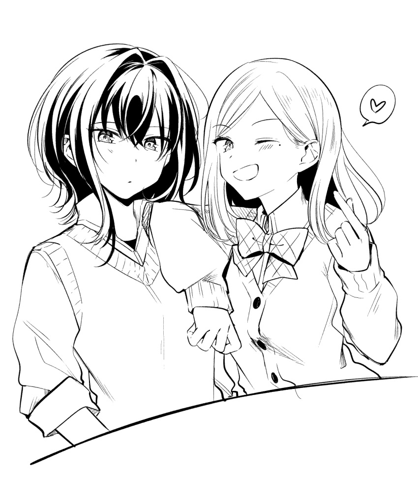 2girls asanagi_yori blush bow bowtie cardigan closed_mouth collared_shirt commentary_request dress_shirt finger_heart greyscale hair_behind_ear hair_between_eyes hair_intakes heart highres leaning_on_person long_hair long_sleeves looking_at_viewer medium_hair mizuguchi_aki mole mole_under_eye monochrome multiple_girls one_eye_closed plaid plaid_bow plaid_bowtie sasayaku_you_ni_koi_wo_utau school_uniform shirt sidelocks simple_background sleeves_past_elbows spoken_heart sweater_vest unmoving_pattern white_background wolf_cut yuama_(drop)