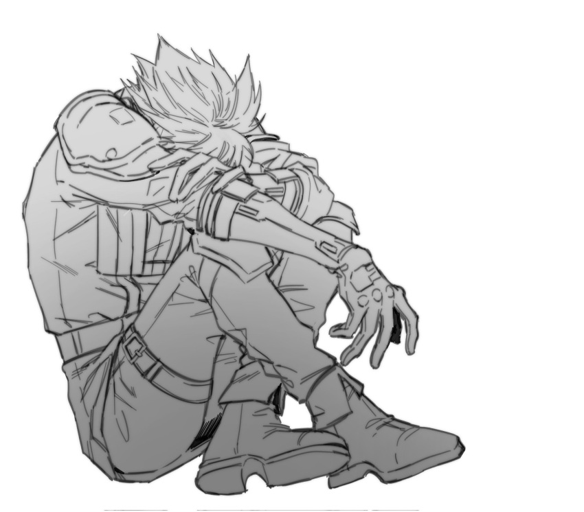 1boy boots cloud_strife crisis_core_final_fantasy_vii crossed_ankles final_fantasy final_fantasy_vii full_body gloves greyscale hand_on_own_arm head_down highres hugging_own_legs male_focus military_uniform monochrome moyanwxy pants shinra_infantry_uniform short_hair shoulder_pads solo spiked_hair thigh_strap uniform white_background