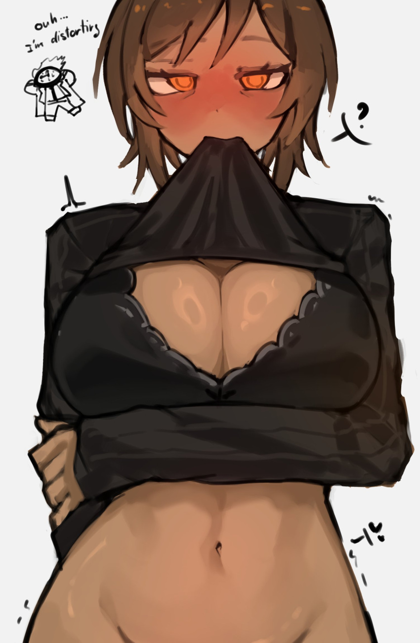 ? arm_under_breasts black_bra black_sweater blush bra breasts brown_hair cleavage clock clothes_in_mouth coat dante_(limbus_company) dark-skinned_female dark_skin embarrassed english_text highres large_breasts limbus_company necktie no_panties orange_eyes out-of-frame_censoring outis_(project_moon) project_moon shigezie short_hair spoken_question_mark sweater underwear