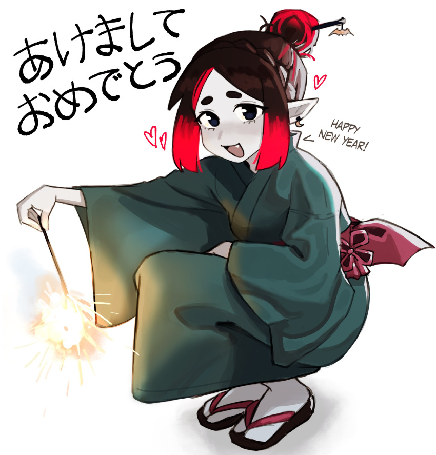 1girl absurdres black_eyes black_hair colored_skin eleanor_(justadrian) english_text fang fireworks green_kimono hair_bun happy_new_year heart highres holding_fireworks japanese_clothes justadrian_(yoadriandk) kimono multicolored_hair new_year pointy_ears red_hair sandals short_hair smile sparkler thick_eyebrows two-tone_hair vampire