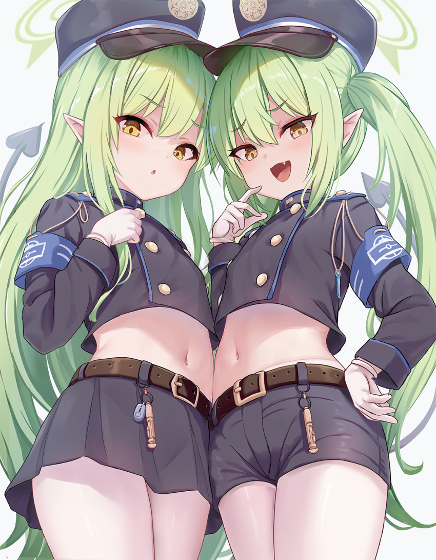 2girls black_hat blue_archive blush breasts commentary_request cropped_jacket gloves green_hair halo hat highres hikari_(blue_archive) long_hair long_sleeves looking_at_viewer midriff milkshakework multiple_girls navel nozomi_(blue_archive) open_mouth peaked_cap pointy_ears skirt smile yellow_eyes
