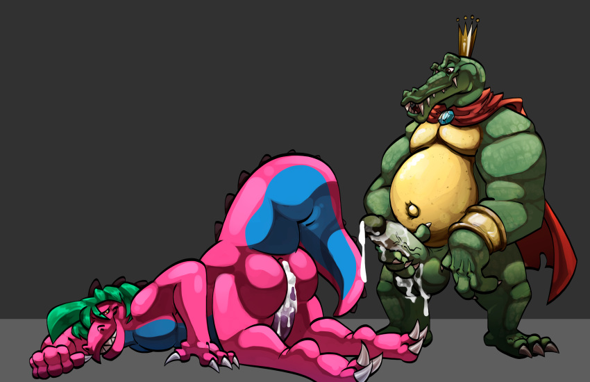 anal anthro balls claws crocodilian crown cum cum_on_self digital_media_(artwork) donkey_kong_(series) doost erection king_k_rool male male/male mammal nintendo open_mouth penis reptile royalty scalie sex sharp_teeth simple_background smile teeth tongue video_games