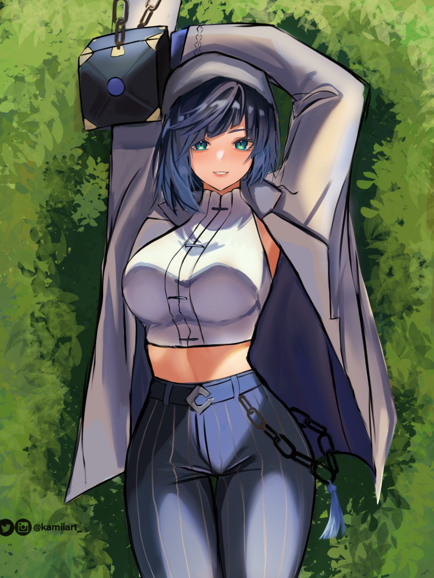 1girl armpit_peek arms_up artist_name bag blue_hair blue_pants blush breasts chain crop_top diagonal_bangs eyebrows_hidden_by_hair genshin_impact green_eyes grey_hat grey_jacket handbag hat high-waist_pants highres holding holding_bag instagram_logo instagram_username jacket kamiiart large_breasts pants shirt short_hair sleeveless sleeveless_turtleneck smile striped_clothes striped_pants teeth turtleneck twitter_logo twitter_username white_shirt yelan_(genshin_impact)